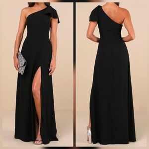 Lulus Simply Brilliant Black One-Shoulder Bow Maxi Dress